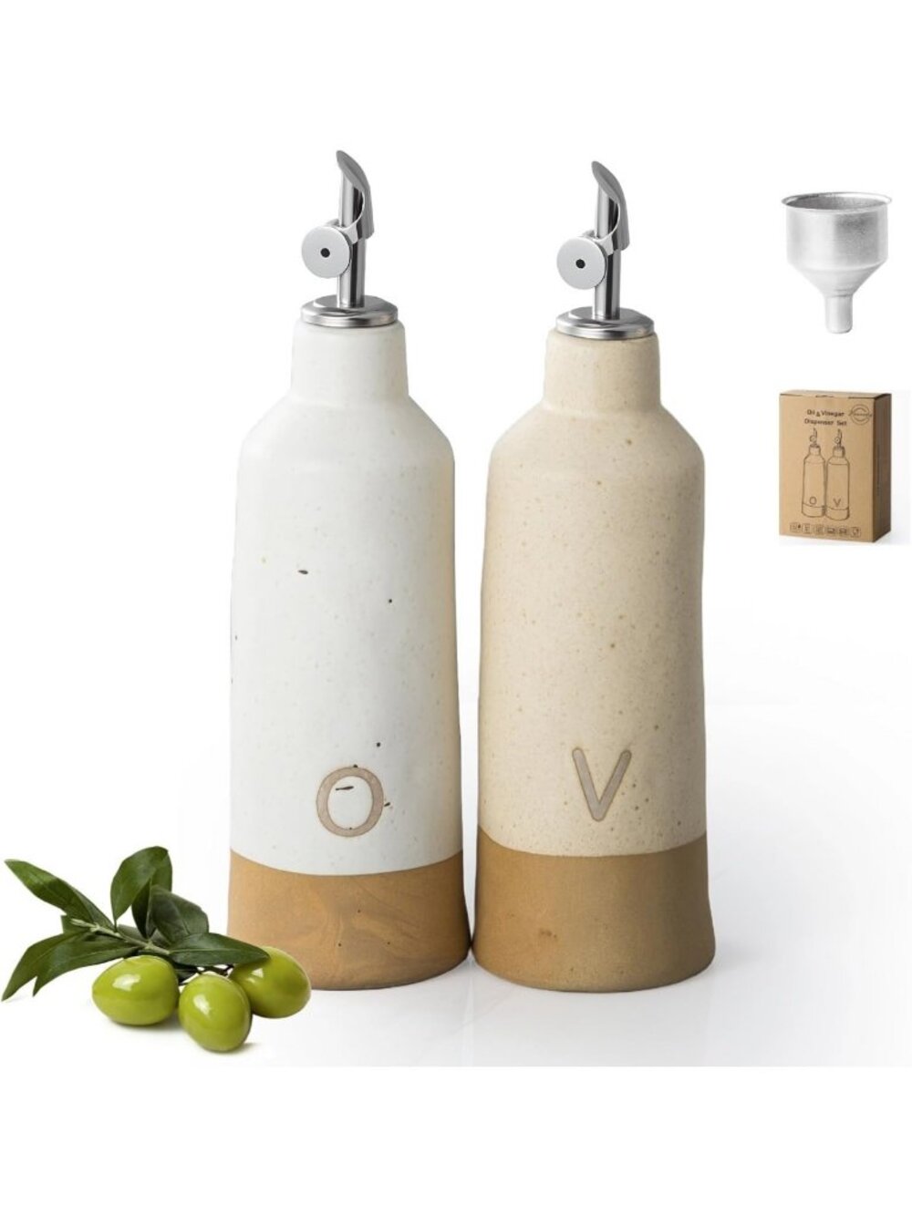 Ceramic Olive Oil Dispenser Bottle Set - 18oz Kitchen Pourer for Oil & Vinegar